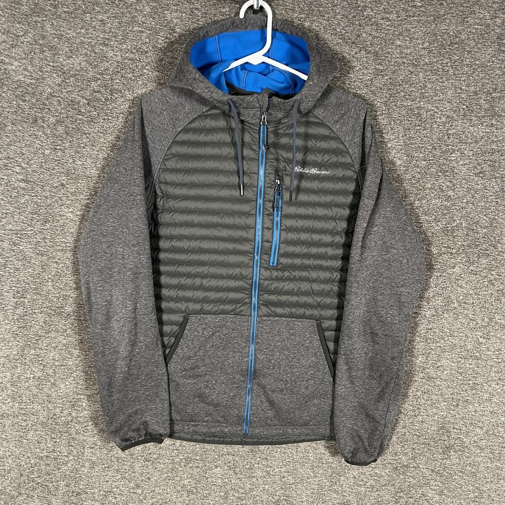 Eddie Bauer Jacket Mens Medium Gray Hooded Down‎ Puffer Hybrid Insulated Knit